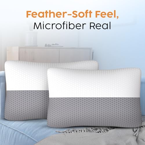 Image of CareFoam Height Adjustable Microfiber Sleeping Pillows - Set of 2 | 16 inch x 24 inch| Soft, Supportive & Washable | Ideal for Back, Side & Stomach Sleepers | White & Grey Cover