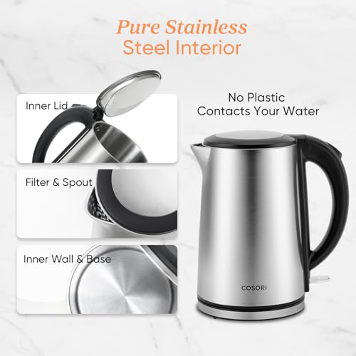 Image of Cosori Stainless Steel Electric Kettle, Plastic-Free Interior, 1.5L, Silver | Cool-Touch Double-Wall, Auto Shut-Off, Boil-Dry Protection, Tea Kettle, Hot Water Boiler, 1500W