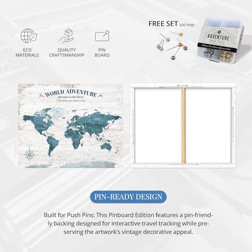 Image of IPIC - Antique Blue World Travel Map, Pin Board Canvas Wall Art, Travel Map with Pins Included, Ready to Hang for Home or Office, 30x24 Inch