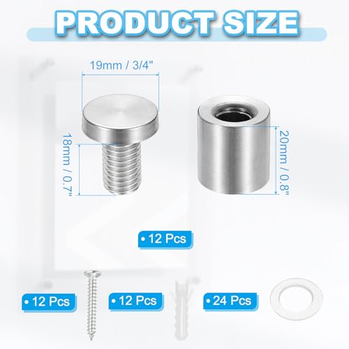 Image of PATIKIL 3 /4 inch x 1 inch Standoff Screws, 12 Pack Stainless Steel Wall Mount Sign Standoffs Mounting Hardware Advertising Nail for Hanging Acrylic Picture Frame, Silver
