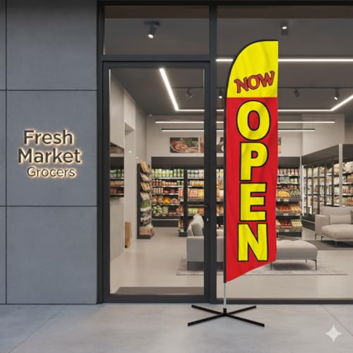 Image of The Flag Company Now Open Feather Flag 8ft Includes X-Base, Poles & Water Bag | Durable Advertising Flag for Businesses, Stores, Restaurants & Events