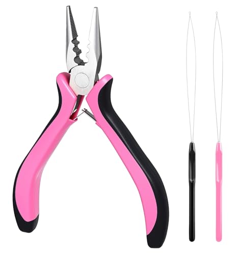 Hair Extension Pliers 3-Hole Hair Extension Tools Set with 2PCS Clamp for Micro Nano Rings Pink Tool for Extension Application Removal
