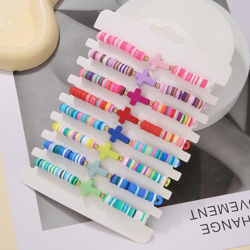 Heishi Surfer Bracelets Set for Women Girls Bohemian Rainbow Stackable Clay Beaded Bracelets Christian Cross Gifts Disc Stretch Preppy Layering Colorful Friendship Summer Beach Bracelets4