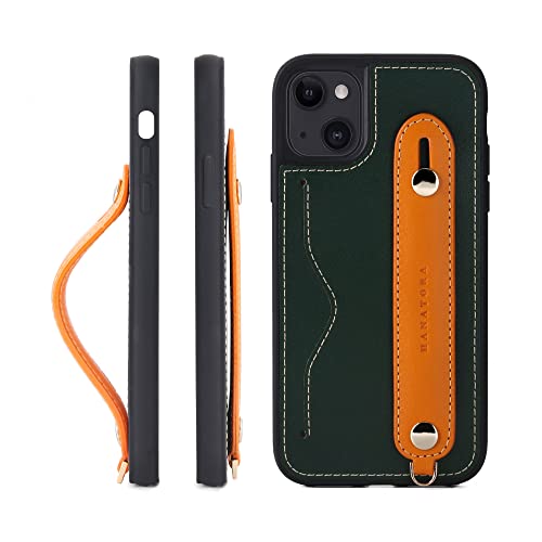 iPhone13 ケース 本革 グリップケース レザー ストラップ付属 イタリア製牛革 ヌメ革 片手操作 カード収納 スタンド機能 メンズ レディース グリーン/オレンジ CGH-13-Green-OG