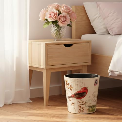 Image of PU Leather Small Trash Can Wastebasket, Round Garbage Container Basket for Bathrooms, Laundry Room, Kitchens, Offices, Kids Rooms, Bedrooms,Dorms,Home Decorative Art Bin, 2.9 Gallon(Bird Design)