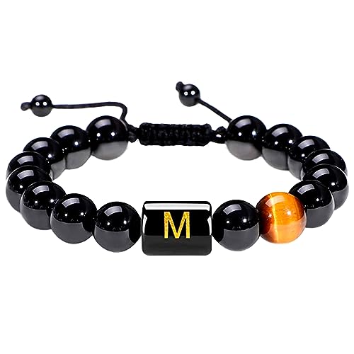10MM Black Onyx Stone Initial Bracelet for Men Letter Link Handmade Tiger Eye Bead Braided Rope Bracelet Gifts Mens Bracelet (M)