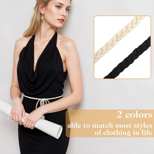 2Pcs Skinny Tassel Waist Belt with Wooden Beads for Women, Skinny Woven Waist Rope Belt Black + White Boho Braided Waist Belt Rope Chain for Thin Dresses, Skirts, and Tunics4