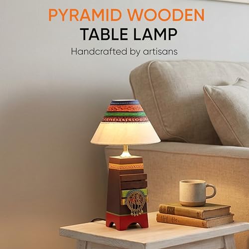 Image of AAKRITI ART CREATIONS Pyramid Wooden Table Lamp in Brown with Brass Motifs & Tribal Paintings with White Shade | Madhubani Art | Multi Color Wooden Lamp | Matte Finish Home Decor Lamp