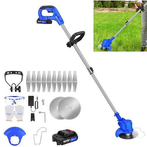 Tagliaerba elettrico con 2 batterie da 21 V 1,5 Ah e caricabatterie, tagliabordi a batteria, 10000 giri/min, 10 lame in metallo, 2 lame circolari
