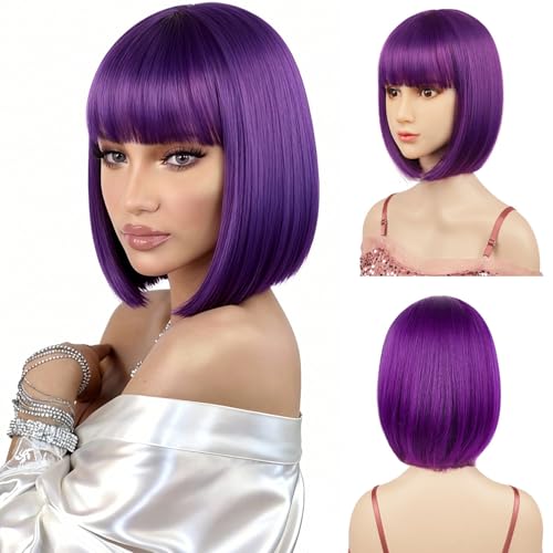 Sarannala Dark Purple Bob Wigs with Flat Bangs Include Wig Cap 12 Inch Heat Resistant Synthetic Fiber Hair for All Women Adults Halloween Costume Colorful Wigs (Dark Purple)