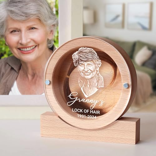 Image of Personalized Keepsake for Bereavement Gift, Lock of Hair Memorial, Sympathy Gift for Loss of Mother, Grandmother, Dad, Daughter, Son, Mom, Clear Lid (Light Wood with Portrait Round)