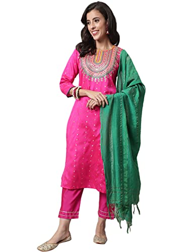Image of VredeVogel Women's Silk Blend Embroidered Straight Kurta Trouser with Dupatta Set