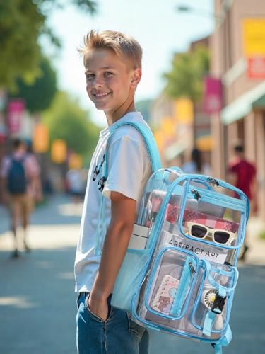 Image of Heavy Duty Clear Backpack For School, 17 Inch Large Clear Bookbag For Kids Boys Girls Women Men, 360 3M Reflective Strips See Through Backpack, Multi-Pockets Tranparent Bag, Light Blue
