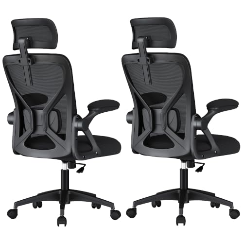 Image of VASAGLE Ergonomic Mesh Office Chairs with Adjustable Lumbar Support and Headrest, 90-105 Tilt Function, Wide Seat, Flip‑Up Armrests, Computer Desk Chairs for Home Office, Set of 2, Ink Black