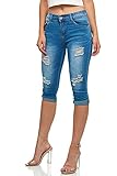 EGOMAXX Damen Kurze Capri Jeans Push UP Shorts Skinny Sommer Hose mit Naht, Farben:Blau, Größe:38