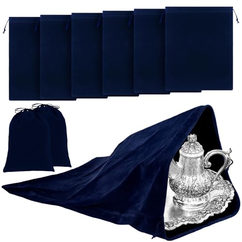 Ferraycle 6 Pcs Silver Storage Bags Oversized 24 x 32 Inch Zipper Anti Tarnish Cloth Bag for Silver Storage Jewelry Tray Flatware Vase Polishing Tarnish Cleaning (Navy)