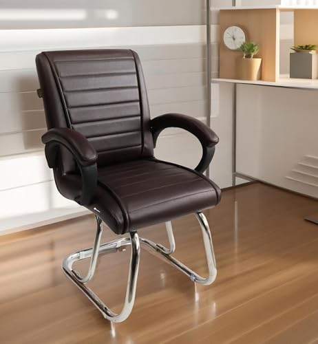 Image of Executive Office Home Study Chair Library Chair with Cushioned Arm Rest & Seat Back, Reception or Conference Room Seating, 100 Kgs Limit (1, Coffee, Double Pipe Chrome Frame)