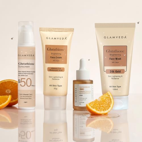 Image of Glamveda Glutathione 4-Step Skincare Routine For Healthy & Radiant Skin | Skin Brightening and Lightening Combo (Facewash + Facecream + Faceserum + Sunscreen)