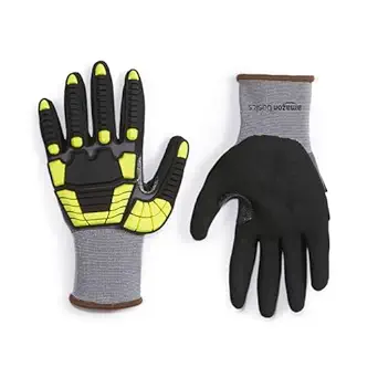 Amazon Basics Cut Level A1, Abrasion ANSI Level A4, Impact Protection Gloves with Touch Screen Friendly 15G Sandy Nitrile Palm, Pack of 120 Pairs, Yellow, Size Large