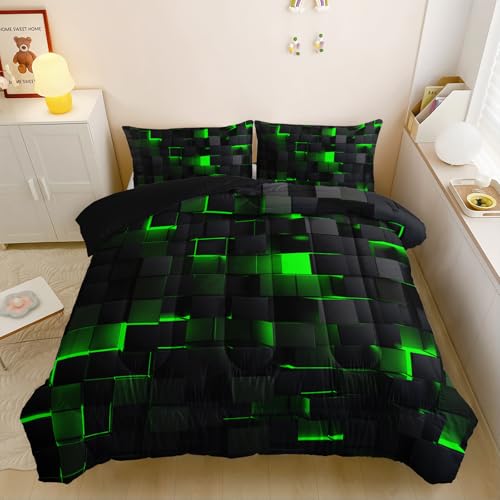 Image of Nttopship Neon Green Black Comforter Set Full Geometric Kids Bedding Set,3 PCS Geometry Honeycomb Bed Set Modern Quilt Set 1 Comforter 2 Pillow Cases Cool Room Decor All Season B-Side Black