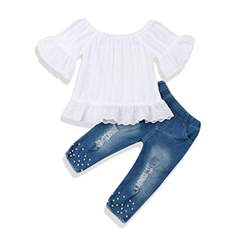 Toddler Baby Girl Ripped Jeans Off The Shoulder Top+Ripped Jeans Long Pants Denim Outfit (4-5 T, White Ripped Denim)