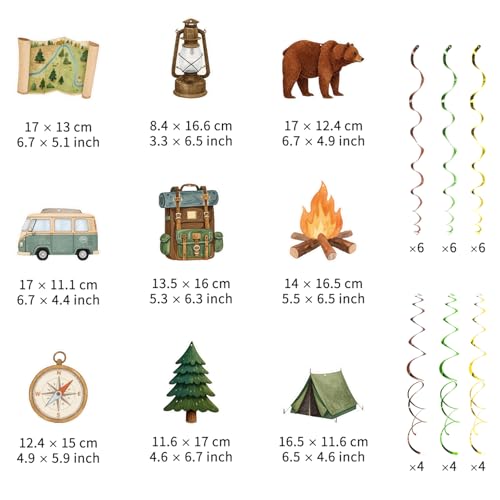 Image of Campining Hanging Swirl Set Party Decorations, 48 Pcs , Bear,Compass, Oil Lamps, Campfire,Tents, Bag, Tree Party Supplies Sign, Green Brown Orange