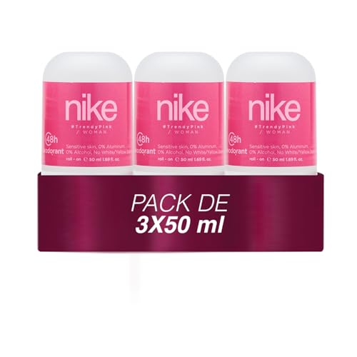 NIKE - Trendy Pink Pack de 3 x 50 ml, Desodorante Mujer Roll-On, Desodorante Antimanchas para Piel Sensible, 0% Alcohol y 0% Sales de Aluminio, de Larga Duración, Fragancia Floral