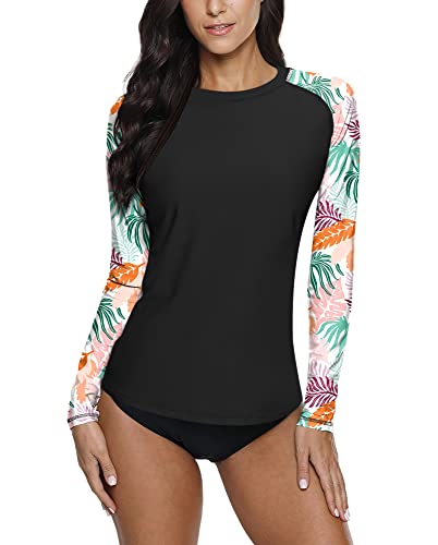 Womens Rashguard Swimwear Sun Protection Surfing Swim Shirt Long Sleeve Uv Rash Guard Shirt Black White Leaves L #TOP19