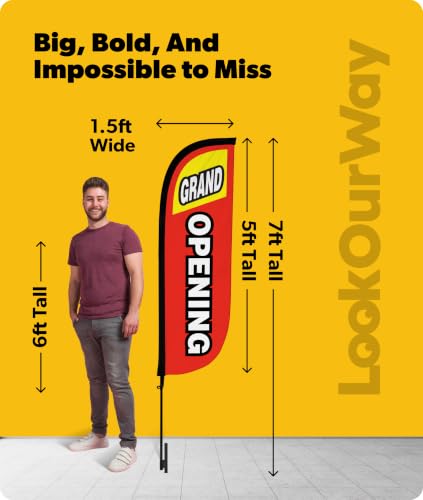 Image of LookOurWay Feather Flag Pole Kit - 7 Feet Tall Advertising Banner with Fiberglass Pole Set and Ground Spike for Business Promotion - Open Flags - Grand Opening Red & Yellow