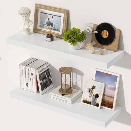 Image of 24 Inch Floating Shelves, 12 Inch Deep Floating Shelves for Wall, Extra Deeper & Thicker Wooden Wall Shelf with Invisible Brackets, Shelf for Bedroom Living Room Home Decor(White, Set of 2)