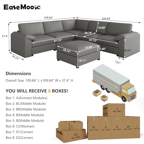 Image of EASE MOOSE Oversized Corner Modular Sectional Sofa with Ottoman, Faux Leather Sectional Sofa with Deep Seat, Scratch Resistant Faux Leather Material, Extra Large L Shaped Couch, Grey