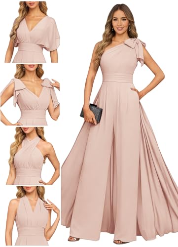 Mkojaa Women's Modest Convertible Jumpsuit Chiffon Overlay Wide Leg Pants Formal Wedding Attire Blush Formal Cruise Wear Jumpsuit for Women Blush US6