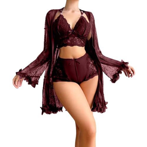 Women's Sexy 3 Piece Pajama Set Lace V Neck Cami Top Lingerie Elastic Waist Shorts and Robe Solid Fashion Nightwear S-XL Wine
