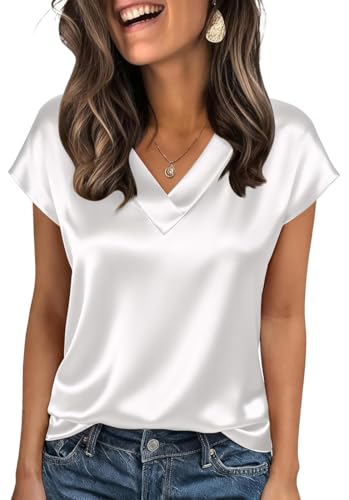 OLIPHEE T-Shirt Satin Tee Shirt Femme Col V Manches Courtes Top Femme Été Chemisier Femmes Satin décontracté Travail Tshirt Femmes Été Élégant Blanc L
