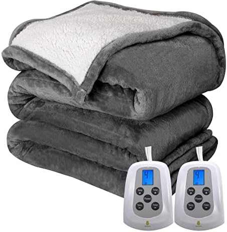 Marquess Electric Blanket Queen Size, Sherpa Flannel Heated Blanket with Dual Control, 10 Heat Settings, Automatic Shut Off Adjustable, Machine Washable (Grey, Queen)