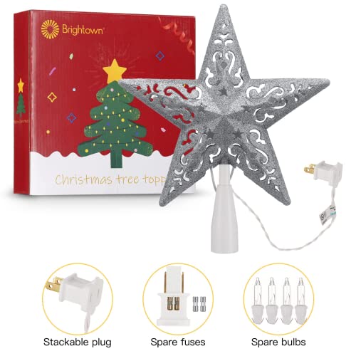 8” Christmas Star Tree Topper Silver Glittered Hollow Star Topper Built In 10 Bulbs String Lights 3D Star Treetop Plug In (4 Bulbs 2 Fuses Spare) For Holiday Decor Christmas Tree Decorations #TOP4