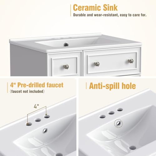 Image of 24 Inch Bathroom Vanity with Ceramic Sink, Freestanding Vanity Cabinet with 2 Drawers and 1 Door (White)
