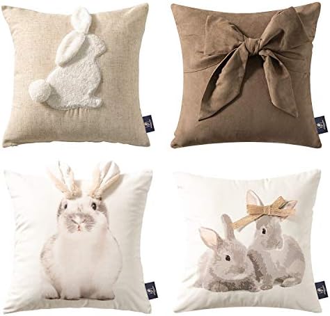 Phantoscope Pack of 4 Happy Easter Throw Pillow Case Cushion Cover Wonderful Rabbits 18 x 18 inches 45 x 45 cm