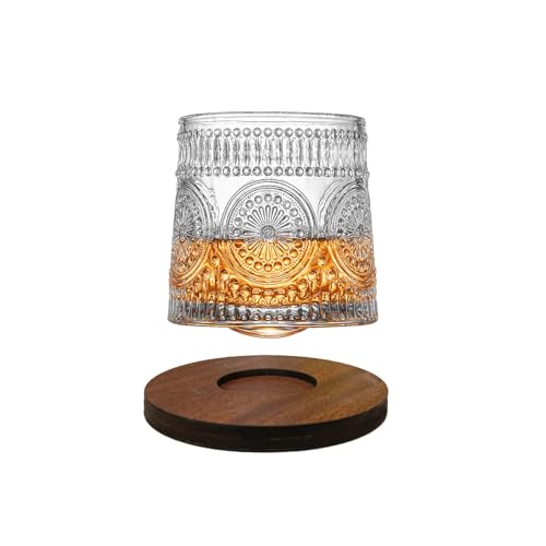 Image of Spinny Whiskey Glasses Set | Rotatable Heavy Base Tumbler Crystal Glass Cups, Glasses with Creative Coasters | Perfect for Scotch, Bourbon, Juice, Water, Cocktails (150 ml - Design C with Coaster)