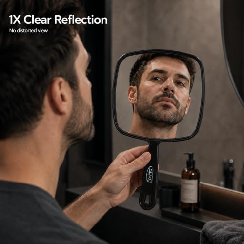 Image of ForPro Professional Collection Extra Large Hand Mirror with Handle, 9 inch W x 12 inch L, Multi-Purpose Handheld Mirror with Distortion-Free Reflection, Black
