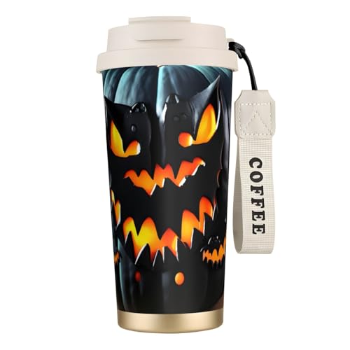 GaxfjRu Taza de café de acero inoxidable aislada al vacío con tapa, diseño de calabaza de murciélago de Halloween, 20 onzas, vaso para bebidas frías y calientes
