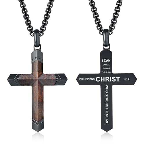 Wooden Cross Bible Verse Necklace for Men, Hawaiian Handmade Real Black Ebony Wood Cross Pendant Stainless Steel Chain, Mens Cross Necklaces Koa Wood Jewelry Christian Baptism Easter Gifts