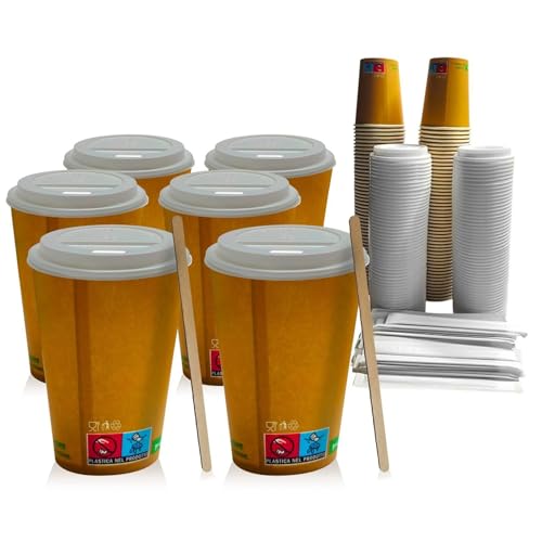 Terryshop74 kit 300 pezzi ASPORTO 100 bicchieri XXL 250 Ml con 100 coperchi e 100 palette, per bevande calde e freddo, per trasporto esterno