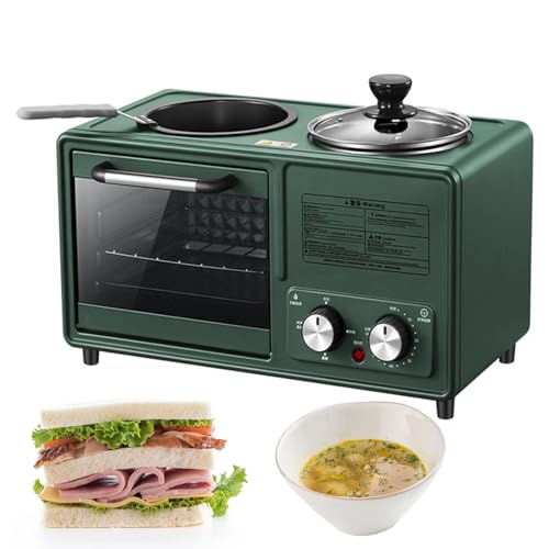 Estación para hacer desayuno con parrilla – 4 en 1, gran capacidad para hornear, sartén antiadherente, olla de cocina, control de temperatura doble, ajustes de temporizador