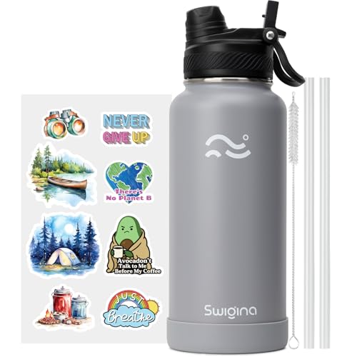 Image of Swigina [2-IN-1 LID] Insulated Water Bottle with Silicone Boot (36hrs Cold /18hrs Hot) - DIY Stickers, Leakproof, BPA Free, 32 oz