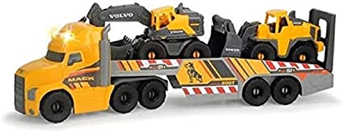 Dickie Toys Volvo Heavy Mack Truck, Large Truck with 2 Volvo Vehicles on Trailer, Excavator & Wheel Loader, Trailer for Decoupling, Light & Sound, Includes Batteries, 70 cm, Yellow, 203729012