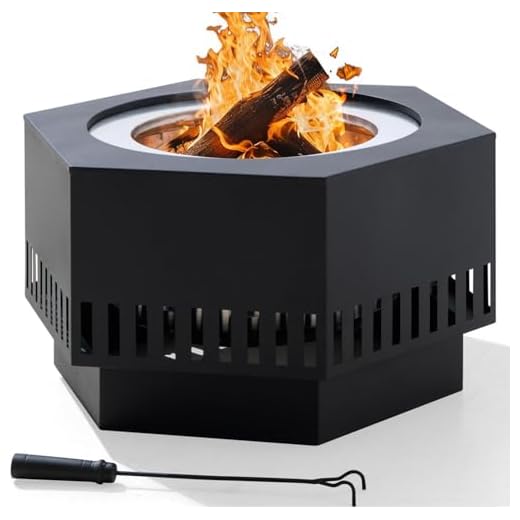 Sunjoy 28 in Smokeless Fire Pit with Removable Ash Pan, Outdoor Portable Hexagonal Wood Burning Fireplace with PVC Cover and Fire Poker,Ideal for Camping, Bonfire, and Backyard, Black