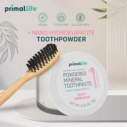 Image of Primal Life Organics - Dirty Mouth Toothpowder, Tooth Cleaning Powder, Flavored Essential Oils with Natural Kaolin & Bentonite Clay, Good for 60+ Brushings, Organic, Vegan (Sweet Bubblegum, 0.25 oz)