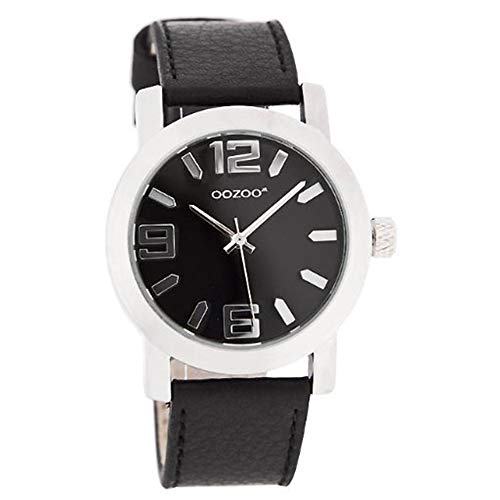 Oozoo JR204 Damenuhr, schwarzes Lederarmband, Schwarz, Streifen