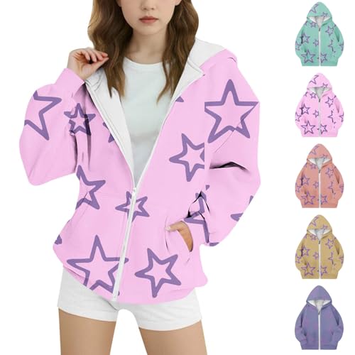 Girls Stars Print Cute Oversized Hoodies Full Zip Sweatshirts Long Sleeve Casual Fleece Warm Outwear Jackets for 4-15 Years2